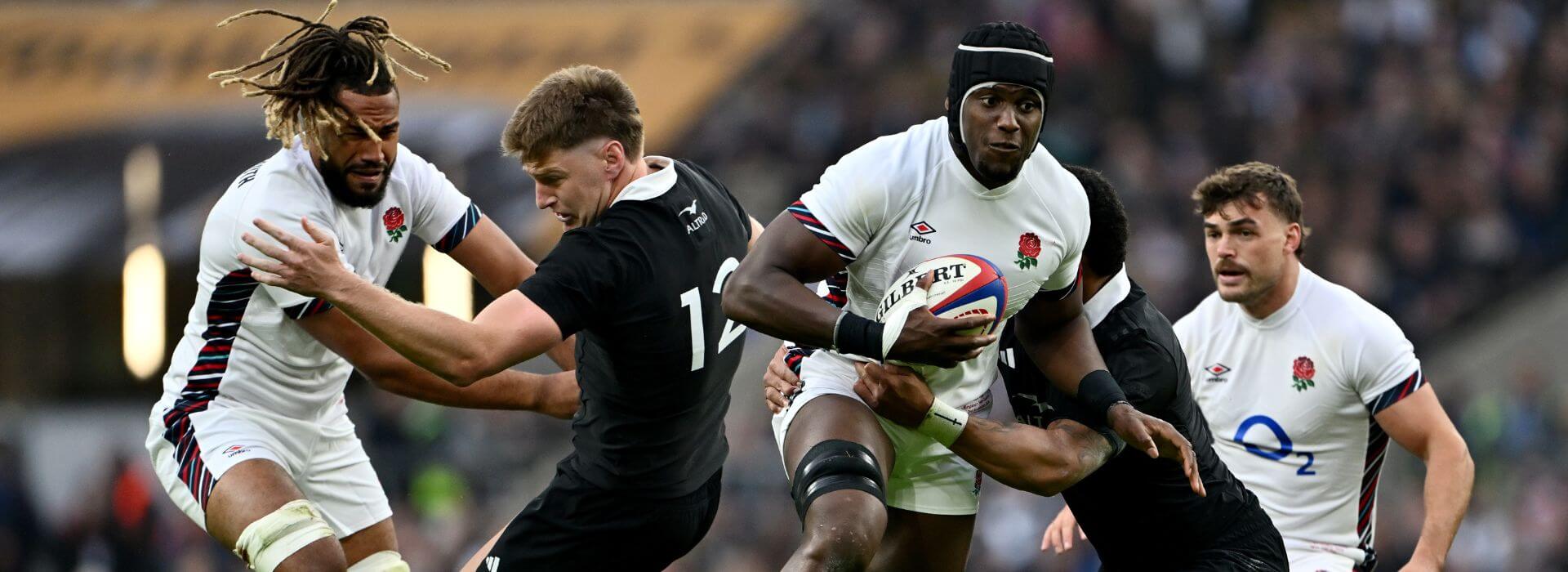 England's Maro Itoje on the charge against New Zealand